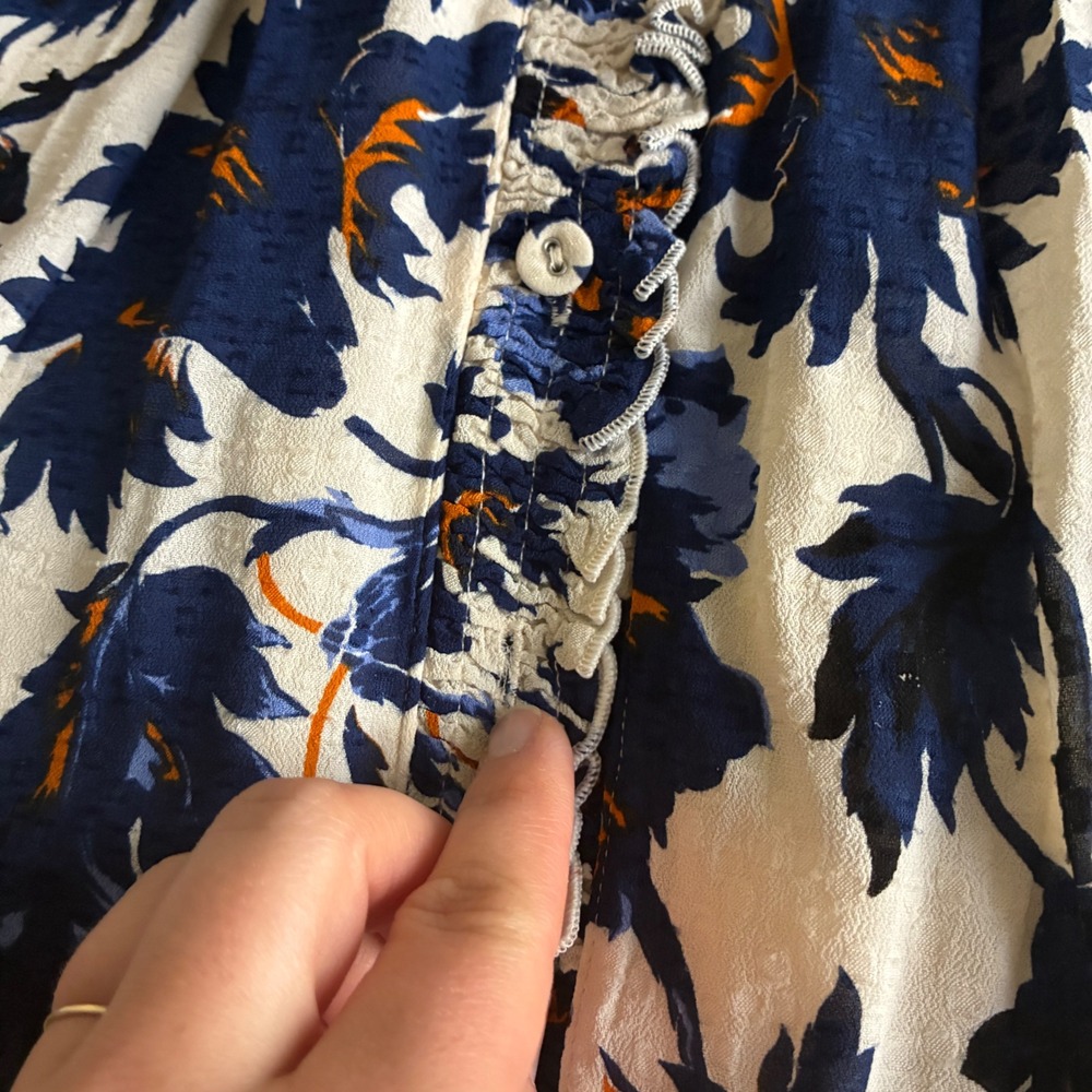 DVF Layla Shirt Dress Sz L Blue & Orange Floral Pintuck Boho Cottage Core - Picture 9 of 11